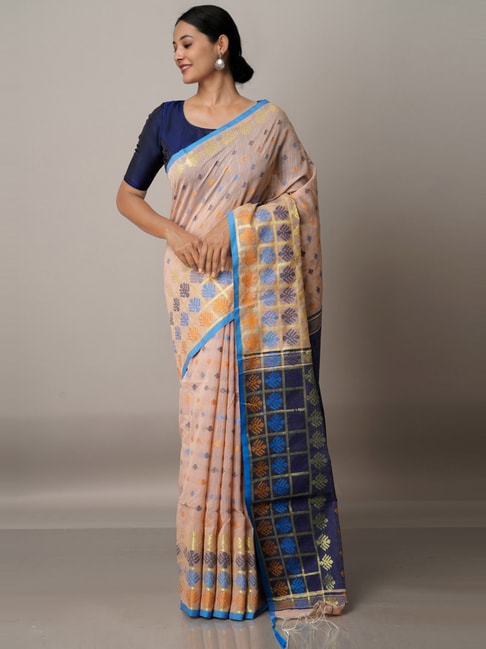 Unnati Silks Peach & Blue Cotton Silk Woven Saree With Unstitched Blouse Price in India