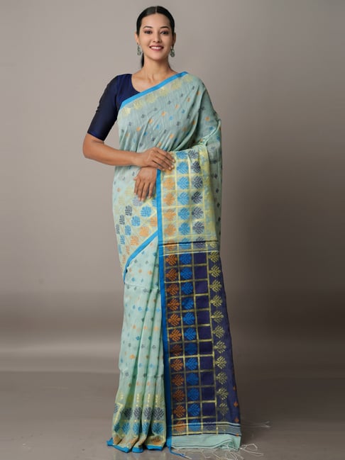 Unnati Silks Green & Blue Cotton Silk Woven Saree With Unstitched Blouse Price in India