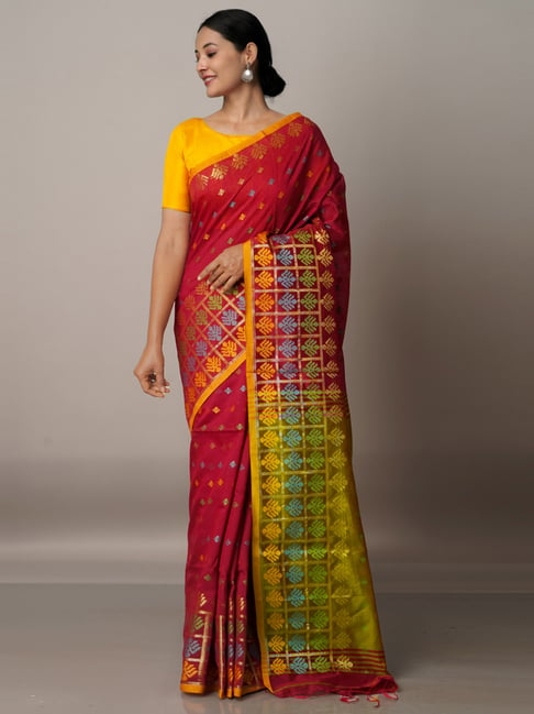 Unnati Silks Maroon & Green Cotton Silk Woven Saree With Unstitched Blouse Price in India