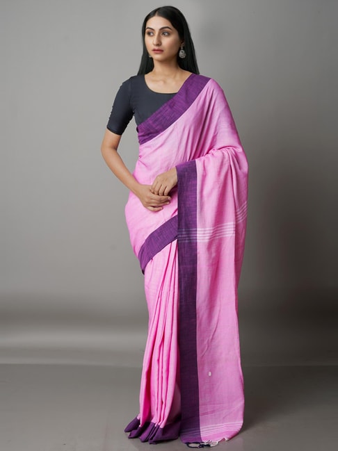 Unnati Silks Baby Pink Cotton Woven Saree With Unstitched Blouse Price in India