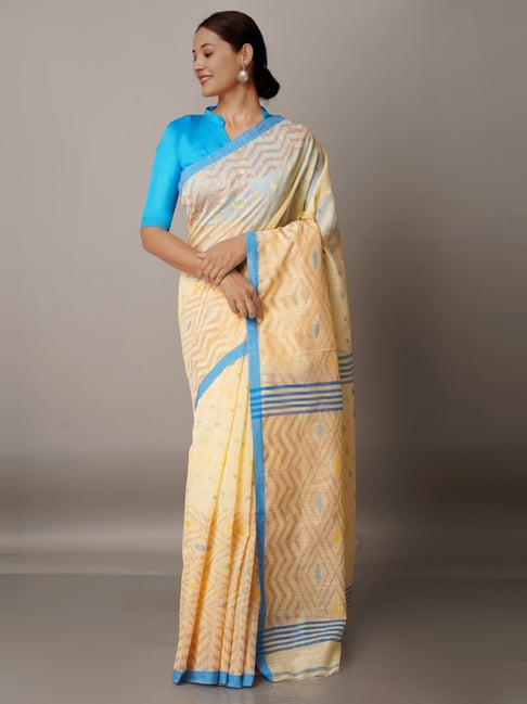 Unnati Silks Beige Cotton Silk Woven Saree With Unstitched Blouse Price in India