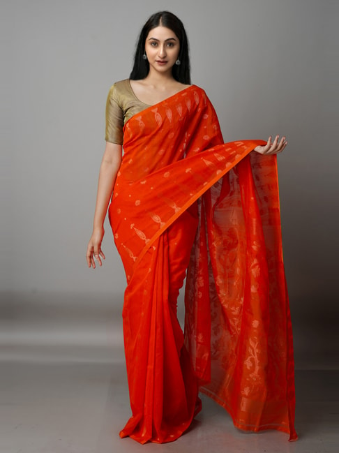 Unnati Silks Orange Cotton Silk Woven Saree With Unstitched Blouse Price in India