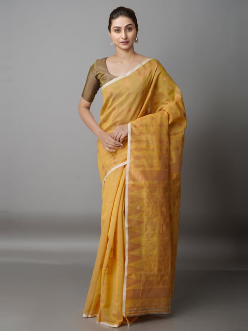 Unnati Silks yellow Cotton Silk Woven Saree With Unstitched Blouse Price in India