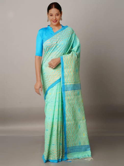 Unnati Silks Green Cotton Silk Woven Saree With Unstitched Blouse Price in India