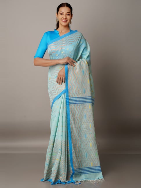 Unnati Silks Blue Cotton Silk Woven Saree With Unstitched Blouse Price in India