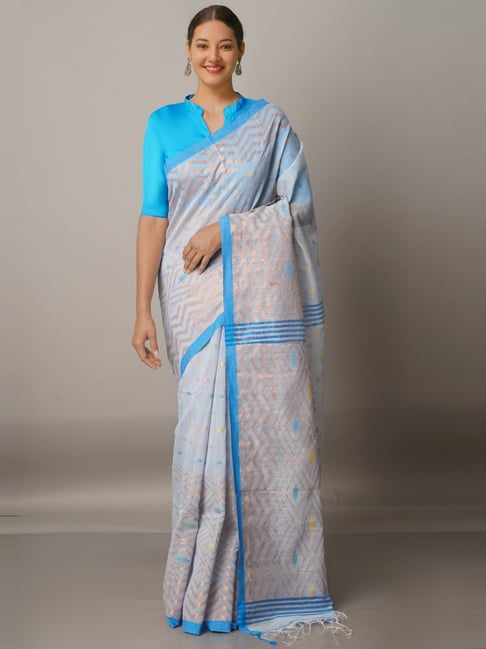 Unnati Silks Grey Cotton Silk Woven Saree With Unstitched Blouse Price in India