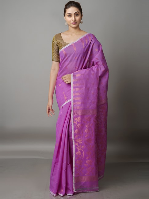 Unnati Silks Purple Cotton Silk Woven Saree With Unstitched Blouse Price in India