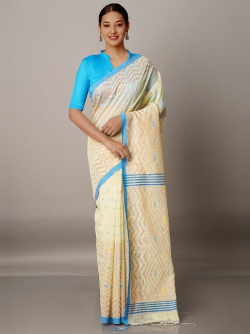 Unnati Silks Beige Cotton Silk Woven Saree With Unstitched Blouse Price in India