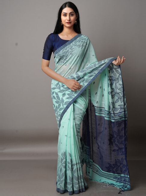 Unnati Silks Green & Blue Cotton Silk Woven Saree With Unstitched Blouse Price in India