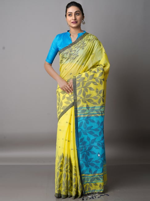 Unnati Silks Yellow & Blue Cotton Silk Woven Saree With Unstitched Blouse Price in India