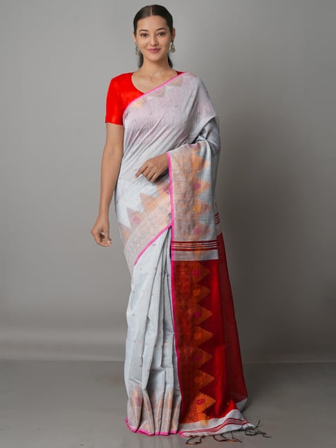 Unnati Silks Grey Cotton Silk Woven Saree With Unstitched Blouse Price in India