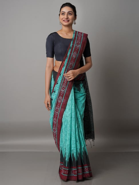Unnati Silks Blue & Black Cotton Silk Woven Saree With Unstitched Blouse Price in India