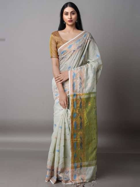 Unnati Silks Grey & Green Cotton Silk Woven Saree With Unstitched Blouse Price in India