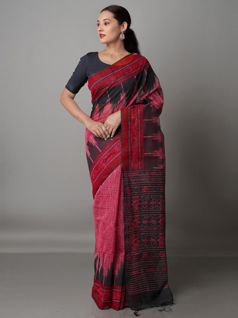 Unnati Silks Pink Cotton Silk Woven Saree With Unstitched Blouse Price in India