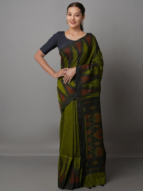 Unnati Silks Green Cotton Silk Woven Saree With Unstitched Blouse Price in India