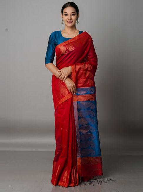 Unnati Silks Red Cotton Silk Paisley Print Saree With Unstitched Blouse Price in India