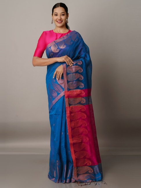 Unnati Silks Teal Blue Cotton Silk Paisley Print Saree With Unstitched Blouse Price in India