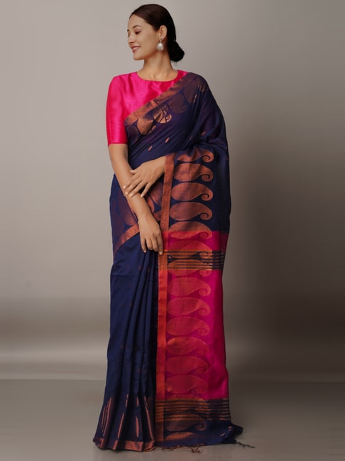 Unnati Silks Navy Cotton Silk Paisley Print Saree With Unstitched Blouse Price in India