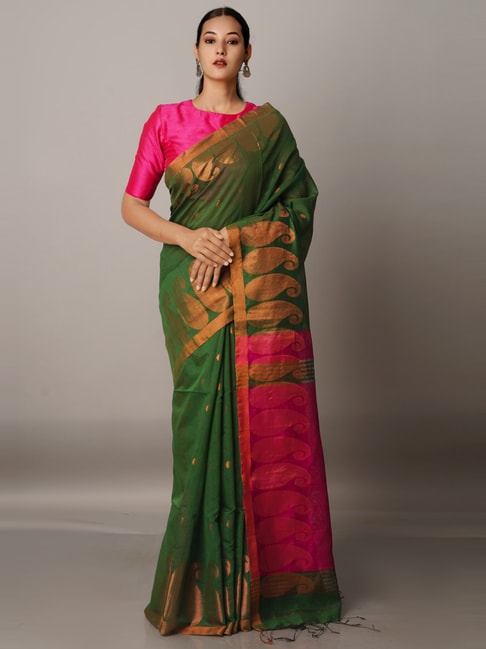 Unnati Silks Green Cotton Silk Paisley Print Saree With Unstitched Blouse Price in India