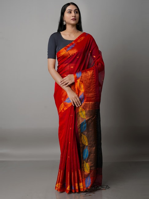 Unnati Silks Red Cotton Silk Woven Saree With Unstitched Blouse Price in India