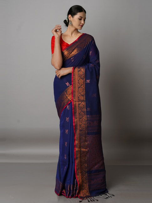 Unnati Silks Navy Cotton Woven Saree With Unstitched Blouse Price in India