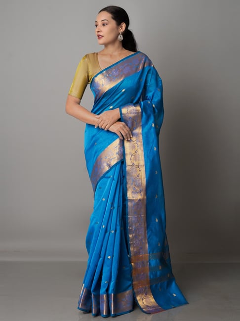 Unnati Silks Blue Cotton Silk Woven Saree With Unstitched Blouse Price in India