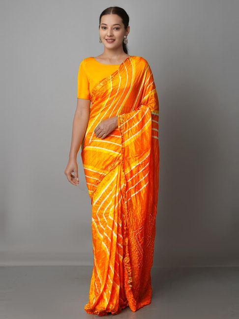 Unnati Silks Orange & Yellow Silk Striped Saree With Unstitched Blouse Price in India