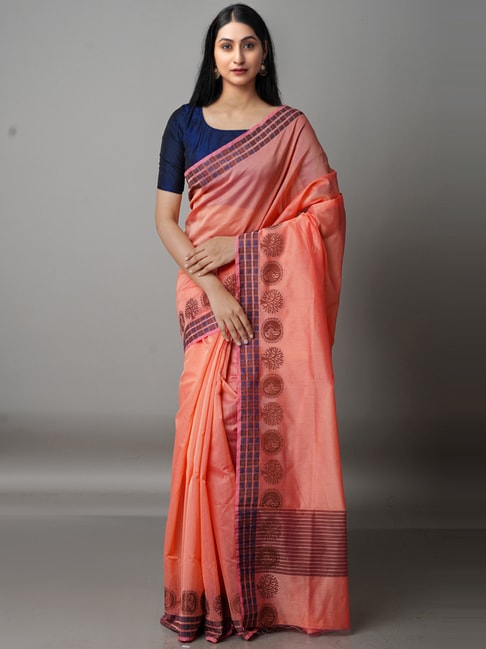 Unnati Silks Peach Cotton Silk Woven Saree With Unstitched Blouse Price in India