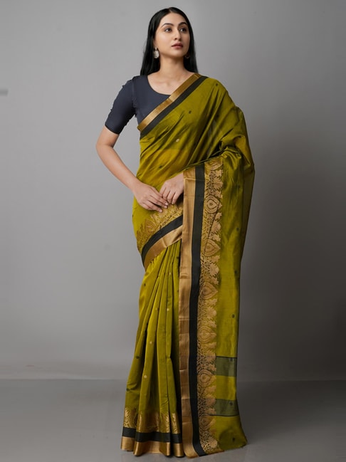 Unnati Silks Olive Green Cotton Silk Woven Saree With Unstitched Blouse Price in India