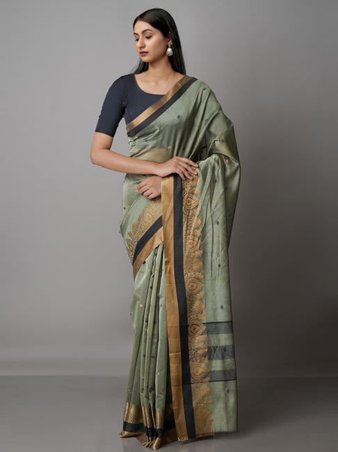 Unnati Silks Grey Cotton Silk Woven Saree With Unstitched Blouse Price in India