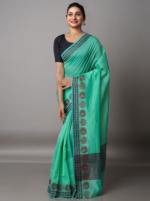 Unnati Silks Green Cotton Silk Woven Saree With Unstitched Blouse Price in India