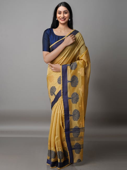 Unnati Silks Beige Cotton Silk Woven Saree With Unstitched Blouse Price in India