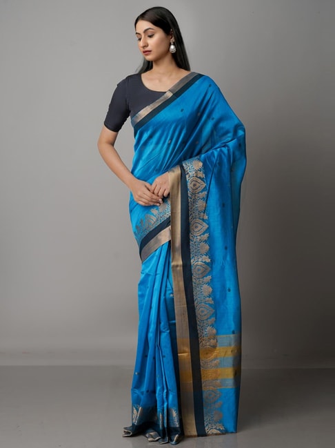 Unnati Silks Blue Cotton Silk Woven Saree With Unstitched Blouse Price in India