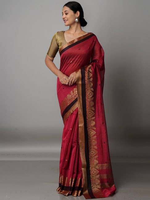 Unnati Silks Maroon Cotton Silk Woven Saree With Unstitched Blouse Price in India
