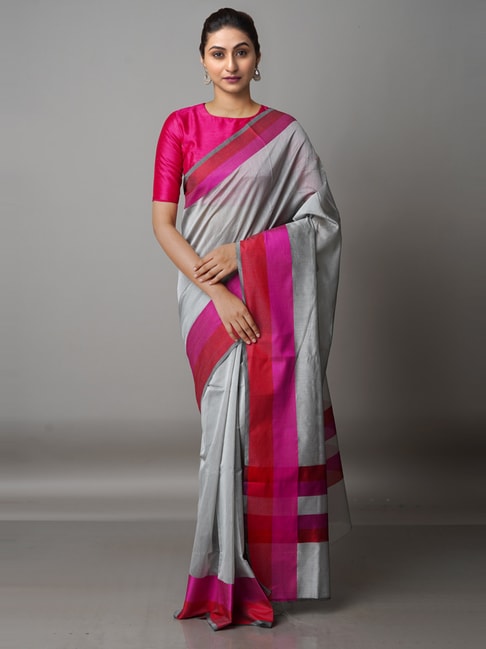 Unnati Silks Grey Cotton Silk Woven Saree With Unstitched Blouse Price in India