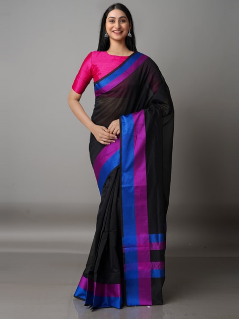 Unnati Silks Black Cotton Silk Woven Saree With Unstitched Blouse Price in India