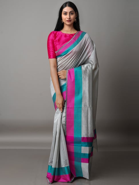 Unnati Silks Grey Cotton Silk Woven Saree With Unstitched Blouse Price in India