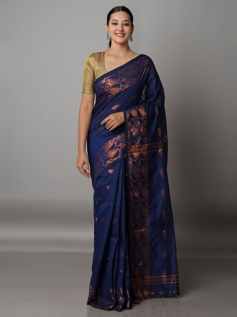 Unnati Silks Navy Cotton Silk Woven Saree With Unstitched Blouse Price in India