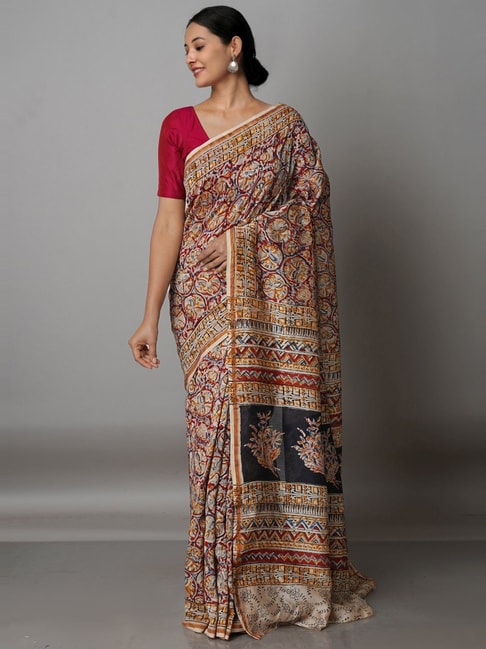 Unnati Silks Beige & Maroon Cotton Silk Floral Print Saree With Unstitched Blouse Price in India