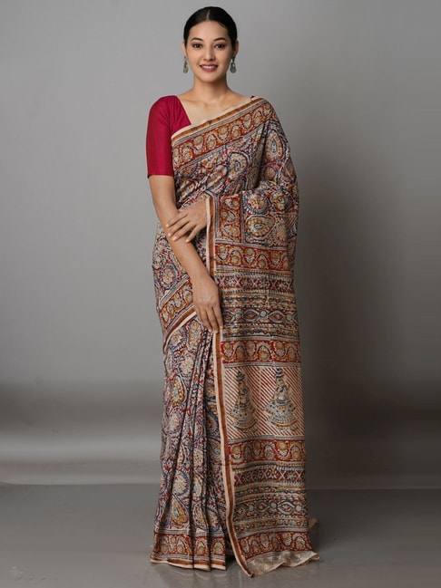 Unnati Silks Beige & Maroon Cotton Silk Printed Saree With Unstitched Blouse Price in India