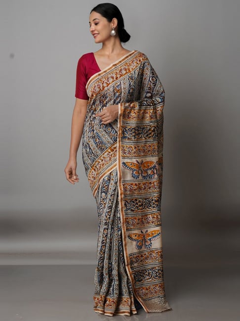 Unnati Silks Beige & Blue Cotton Silk Printed Saree With Unstitched Blouse Price in India