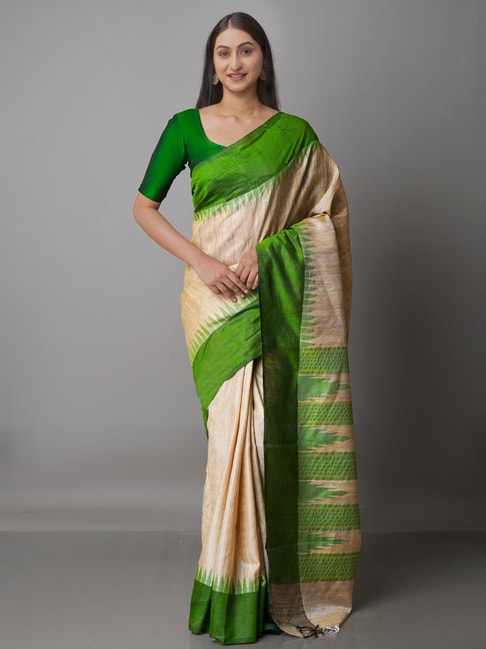 Unnati Silks Beige & Green Silk Woven Saree With Unstitched Blouse Price in India