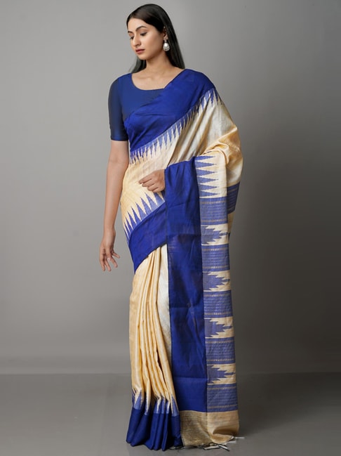 Unnati Silks Beige & Blue Silk Woven Saree With Unstitched Blouse Price in India