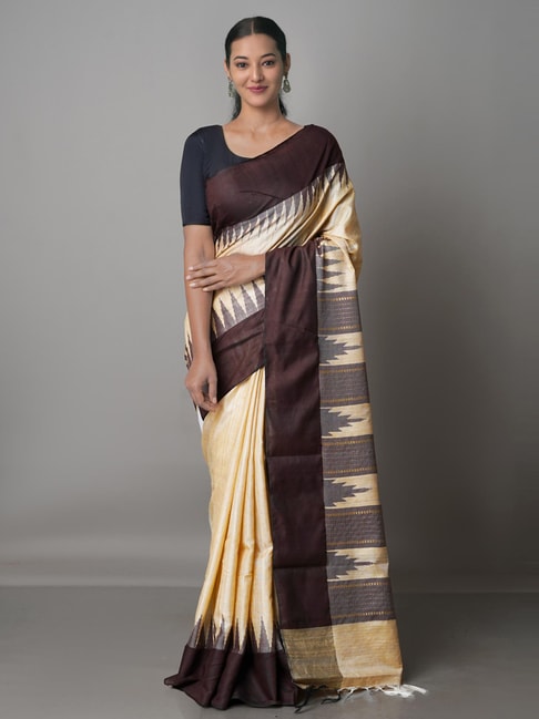 Unnati Silks Beige & Brown Silk Woven Saree With Unstitched Blouse Price in India