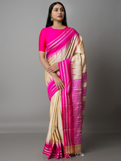 Unnati Silks Beige & Purple Silk Woven Saree With Unstitched Blouse Price in India