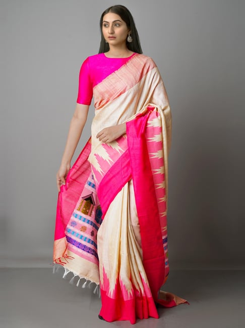 Unnati Silks Beige & Pink Silk Woven Saree With Unstitched Blouse Price in India