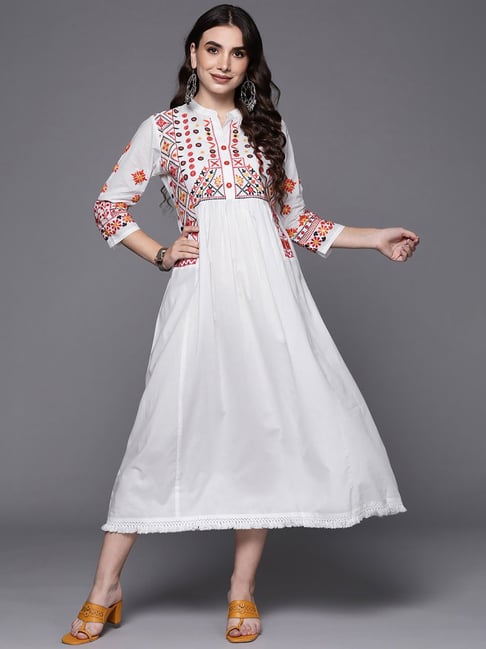 Buy Indo Era White Cotton Embroidered A-Line Dress for Women - Main Image