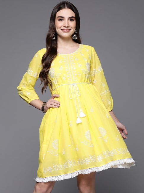 Indo Era Yellow Cotton Embroidered A-Line Dress Price in India