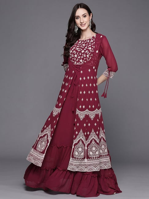 Indo Era Maroon Embroidered Maxi Dress Price in India