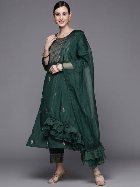 Indo Era Green Embroidered Kurta Pant Set With Dupatta Price in India